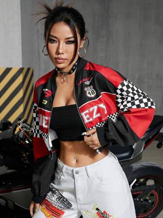 Chaqueta corta con estampado de letra y cuadros, escolar