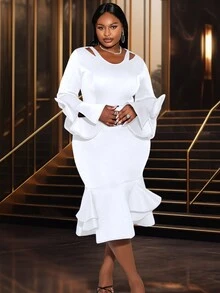 Große Größen Frühling weißes Oster Meerjungfrau-Saum elegantes Langarm Geburtstags- und Hochzeitskleid für Frauen Valentinstag, Hochzeitsgast-Kleid, Partykleid - Weiss - Übersicht 4