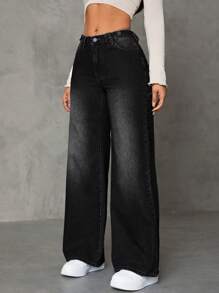 SHEIN ICON Washed Straight Leg Jeans - Black - View 3