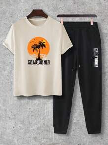 Manfinity RSRT Men Plus Coconut Tree Printed Short Sleeve T-Shirt And Pants 2pcs/Set - Apricot - View 3