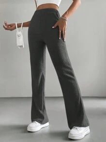 SHEIN Cottnline Women's Solid Color Flared Pants - Dark Grey - View 3