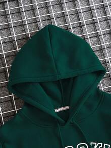 Men's Hooded Fleece Sweatshirt With Letter Print - Dark Green - View 7