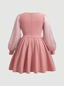 SHEIN MOD Plus Size Patchwork Lantern Sleeve Dress - Pink - View 2