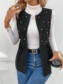 SHEIN LUNE 女性珍珠和珠飾釘紋馬甲外套 - 黑色 - 查看 5