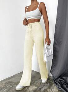 EURMUSE Einfarbig Gestrickte Damen-trainingshose Mit Kordelzug Am Bund - Weiss - Übersicht 3