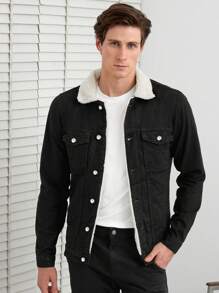 RueChic 男士羊絨領口抓絨內襯牛仔夾克 - 黑色 - 查看 3