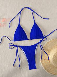 SHEIN Swim Conjunto De Bikini Con Copa Triangular Texturizada Con Detalle De Nudo Y Acentos Recortados