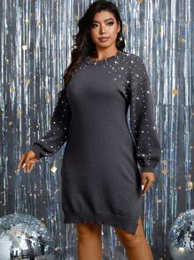 SHEIN Clasi 大尺碼女式鏤空釘珠毛衣連衣裙,下垂設計肩膀 - 灰色 - 查看 6