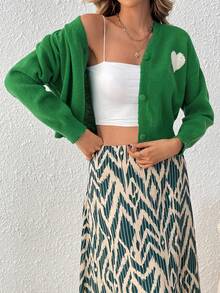 SHEIN Frenchy Giáng sinh Hình trái tim Thả vai Nút phía trước Áo len Mở - màu xanh lá - Xem 5