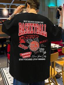 男士圓領休閒籃球和字母印花t恤 - 黑色 - 查看 2