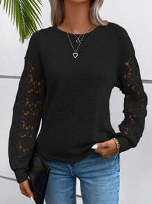 Calvaya Women's Lace Paneled Back Twist Neckline Lace-Up Top Fall Cloth For Women