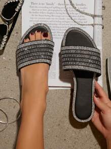 SHUZIA Women's Fashionable & Elegant Crystal Decorated Flat Sandals, Summer - Black - View 1