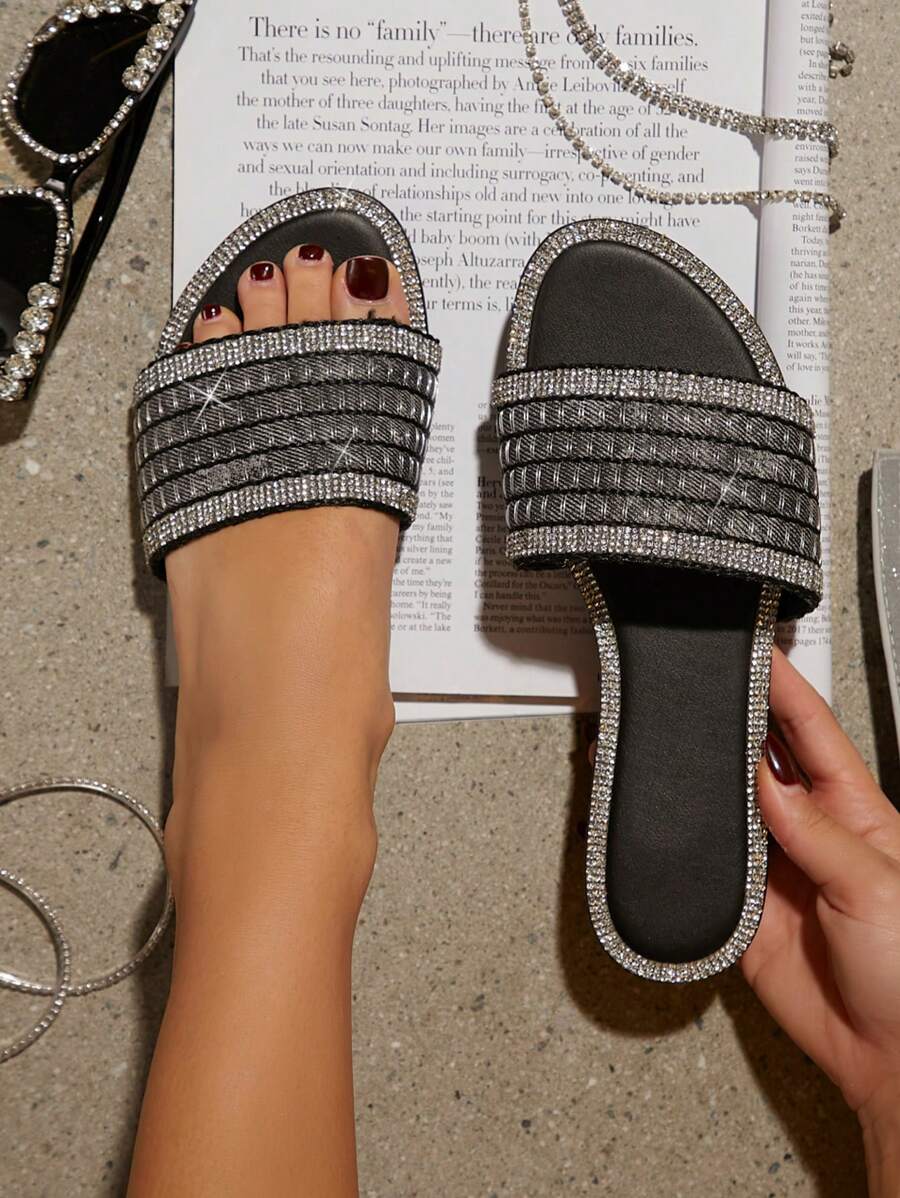 SHUZIA Women's Fashionable & Elegant Crystal Decorated Flat Sandals, Summer - Black - View 1