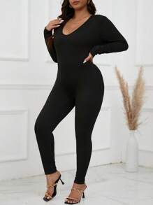 SHEIN CURVE+ Mono De Talla Grande De Manga Larga Con Cuello Redondo - Negro - Ver 3