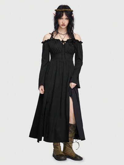 Fairycore Hollow Out Shoulder Flare Sleeve High Side Split Hem Dress