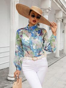 SHEIN VCAY 植物印花立領長袖襯衫 - 彩色 - 查看 5