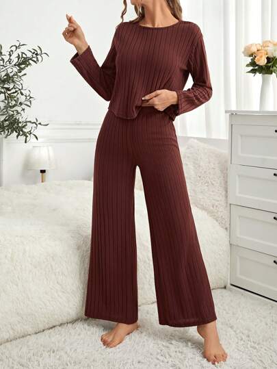Long Sleeve Ribbed Top Pants Homewear Lounge Set Cozy Outfit, Fall Clothes view 3