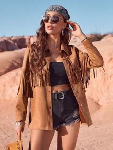 RELISH NOLESS Women Spring Summer Cowgirl Festival Country Concert Holiday Outwear Casual Sexy Boho Vacation Suede Fringe Jacket