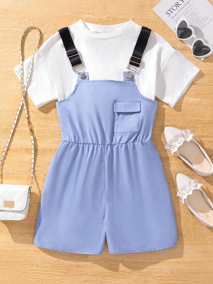 Tween Girls' Short Sleeve T-Shirt And Suspender Shorts Set