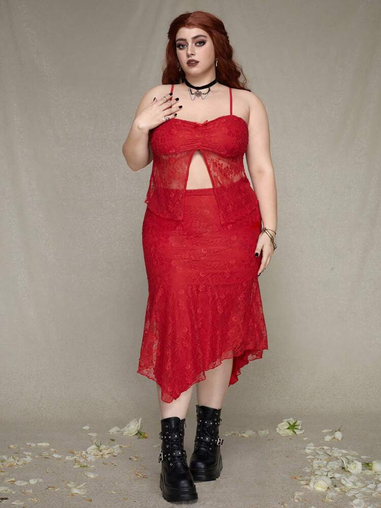 Plus Size Lace Trim Camisole Top With High Slit Hem And Asymmetrical Hem Skirt Set