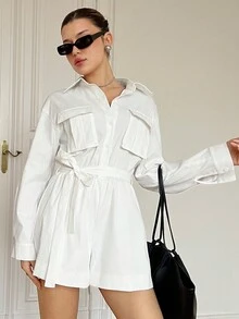 SHEIN Essnce Của phụ nữ Thắt lưng Áo sơ mi Romper - trắng - Xem 3