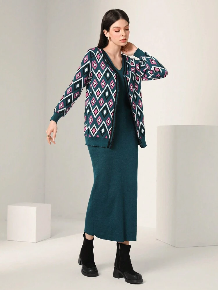 Geometric Pattern Long Sleeve Cardigan And Tank Sweater Dress Set 2 Piece Set