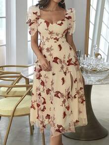 Double Crazy Sweetheart Neck Balloon Sleeve Butterfly Embroidered Tulle Party Dress - Apricot - View 5