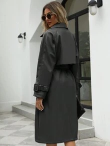 女士秋冬 PU 中长款休闲通勤百搭风衣，时尚轻便外套，配腰带，腰部可调节 - 黑色 - 查看 2