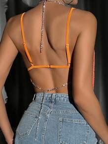 Allurite Women's Rhinestone Mesh Halter Top - Orange - View 2