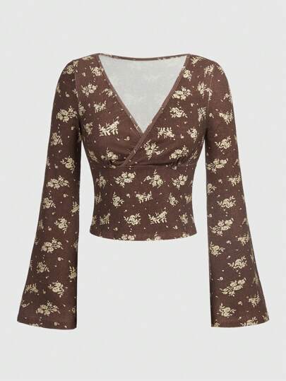 Fairycore Women'S Floral Print Wrap Neck T-Shirt