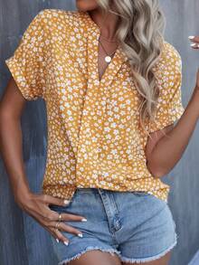Blusa De Cuello Con Muescas Y Estampado Floral Para Mujeres - Amarillo - Ver 3