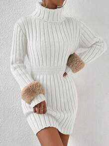 Chiquease 女士純色高領拼接毛衣連衣裙 - 白色 - 查看 3