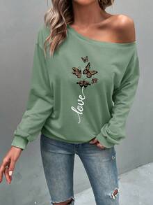 SHEIN LUNE 女用字母蝴蝶圖案運動衫 - 綠色 - 查看 3