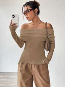 SHEIN Unity 時尚女式露肩打結毛衣帶褶皺 - 卡其色 - 查看 1