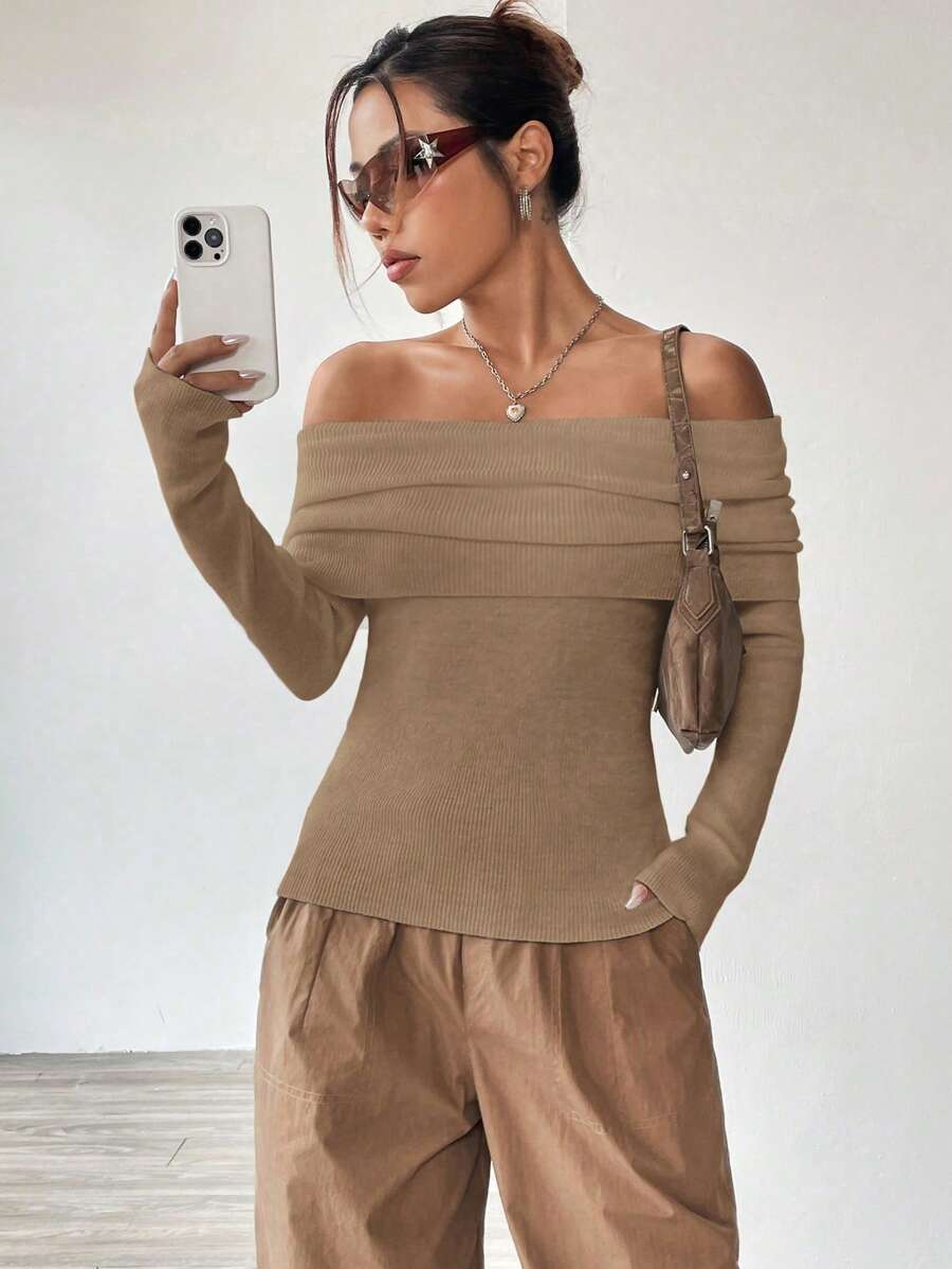 SHEIN Unity 時尚女式露肩打結毛衣帶褶皺 - 卡其色 - 查看 1