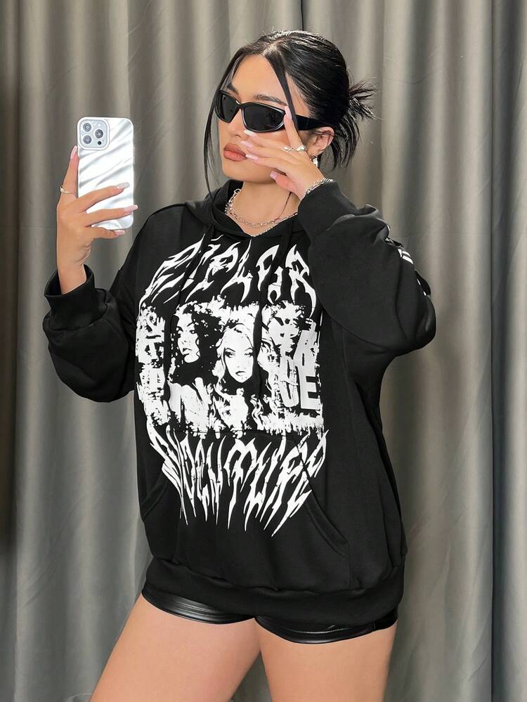Plus Size Character & Letter Print Hooded Sweatshirt With Drawstring