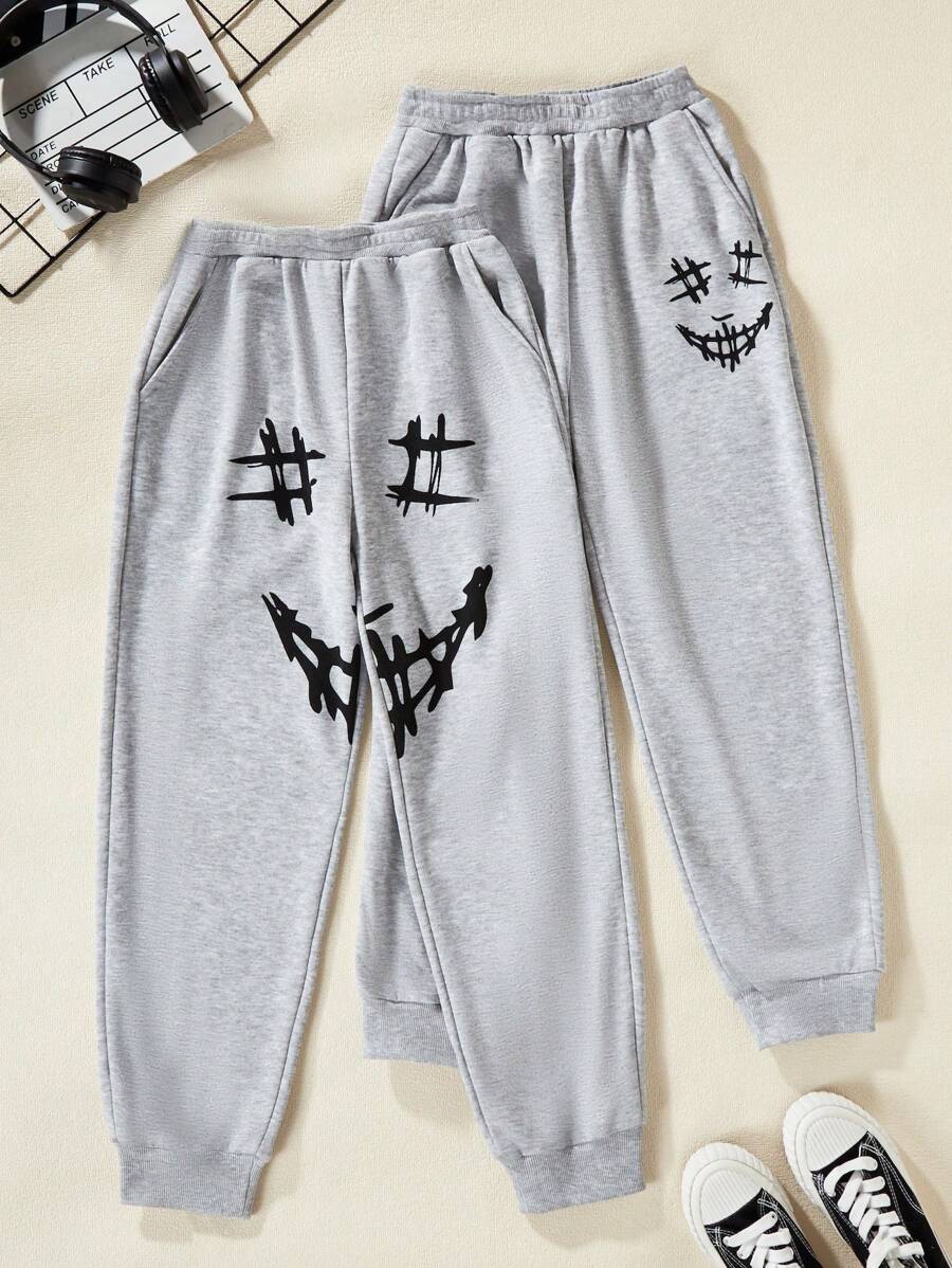 SHEIN Boys' Casual Smiling Face Printed Sweatpants - Light Grey - View 1