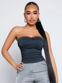 SHEIN SXY 女士實色百褶無肩帶上衣 - 黑色 - 查看 3