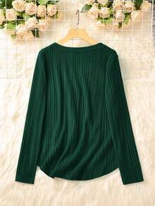 SHEIN LUNE 休閒針織修身女t恤,小v領 - 綠色 - 查看 2