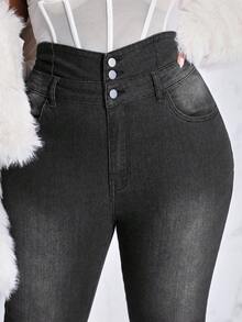 SHEIN SXY 女性加大碼高腰細腿牛仔褲 - 黑色 - 查看 6