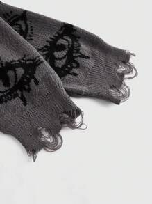 ROMWE Grunge Punk 不對稱眼球圖案仿舊飾邊毛衣 - 彩色 - 查看 4