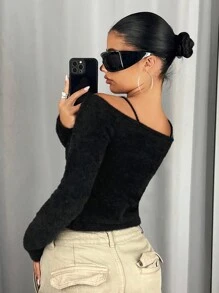 SHEIN ICON Cárdigan De Felpa Con Cordones Para Mujer - Negro - Ver 2