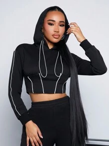 SHEIN SXY 商務輪廓性感派對服配方領拼接連帽衫女式連帽衫 - 黑與白 - 查看 6