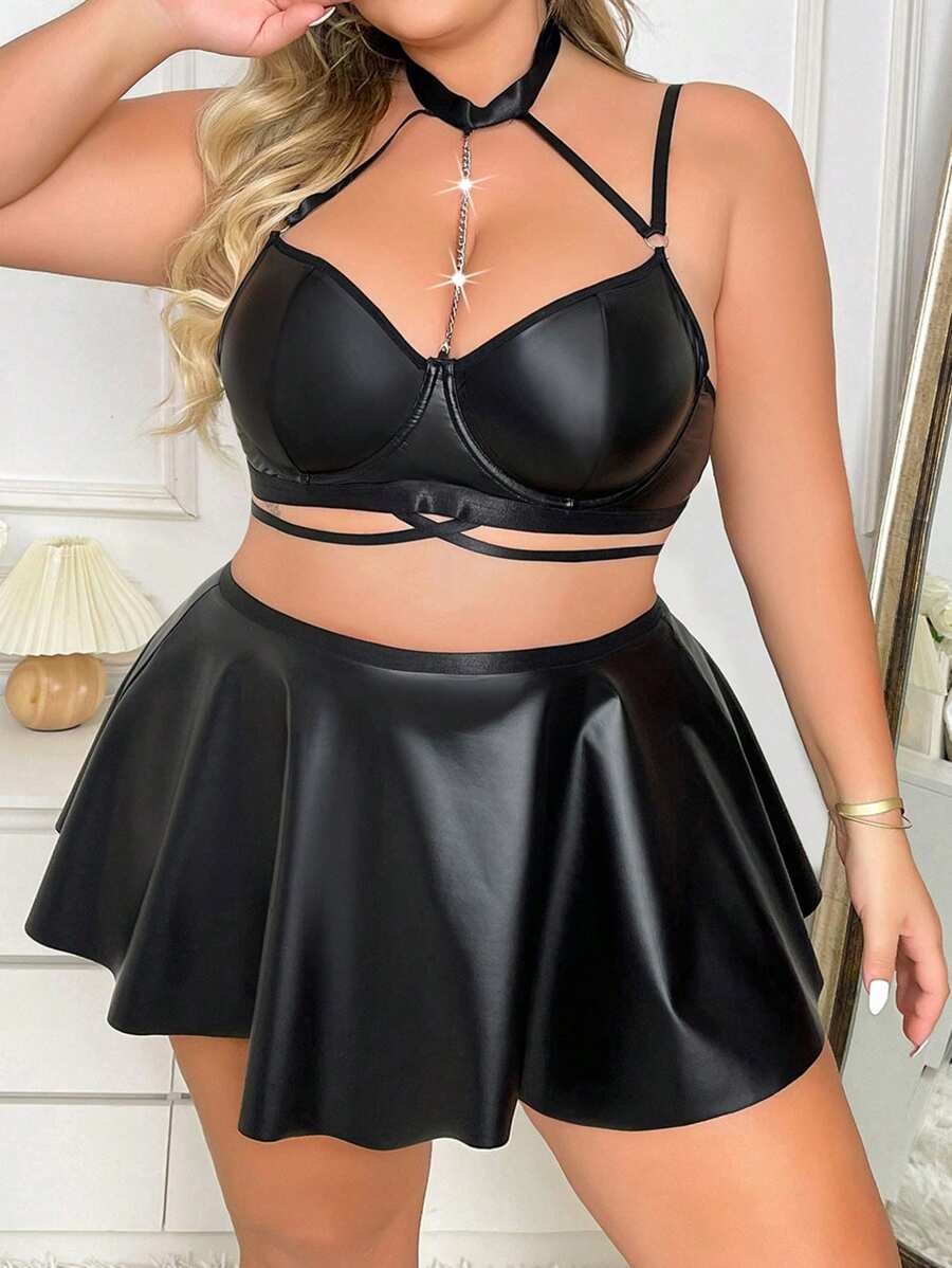 大尺碼性感pu內衣 - 黑色 - 查看 1