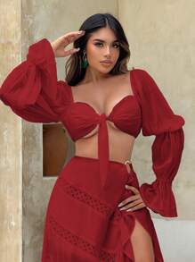 SHEIN SXY 仿古風袖口綁帶前短上衣 - 紅色 - 查看 6
