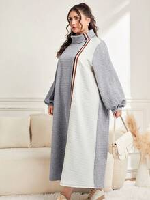 Mulvari Kích thước lớn Khối màu Cổ cao Tay áo lồng đèn Đầm - Màu Xám nhạt - Xem 3