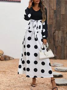 SHEIN LUNE 波點印花燈籠袖束腰帶洋裝 - 黑與白 - 查看 4