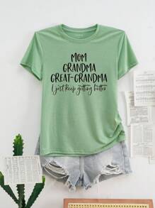 SHEIN EZwear 超大碼女士字母印花短袖t恤 - 綠色 - 查看 1