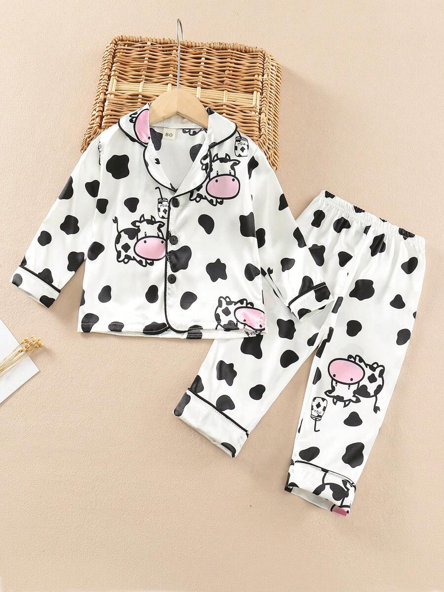 Baby Girl White Cute Little Cow Print Pattern Trousers, Long-Sleeved Cardigan, Buttoned Two-Piece Home Clothes - White - View 1