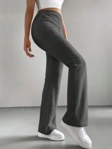 SHEIN Cottnline Women's Solid Color Flared Pants - Dark Grey - View 6